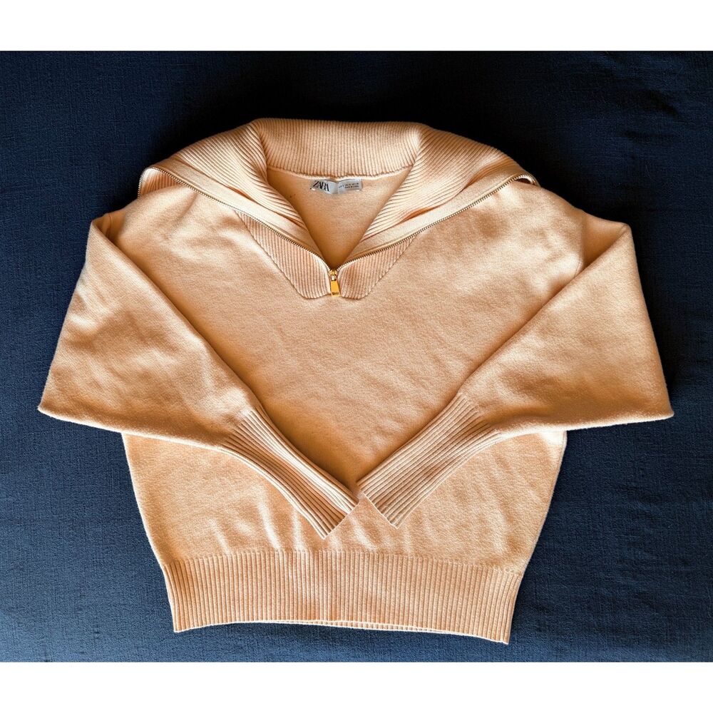 ZARA Peach Beige Sailor Collar Half-Zip Sweater (Women's Size Small)